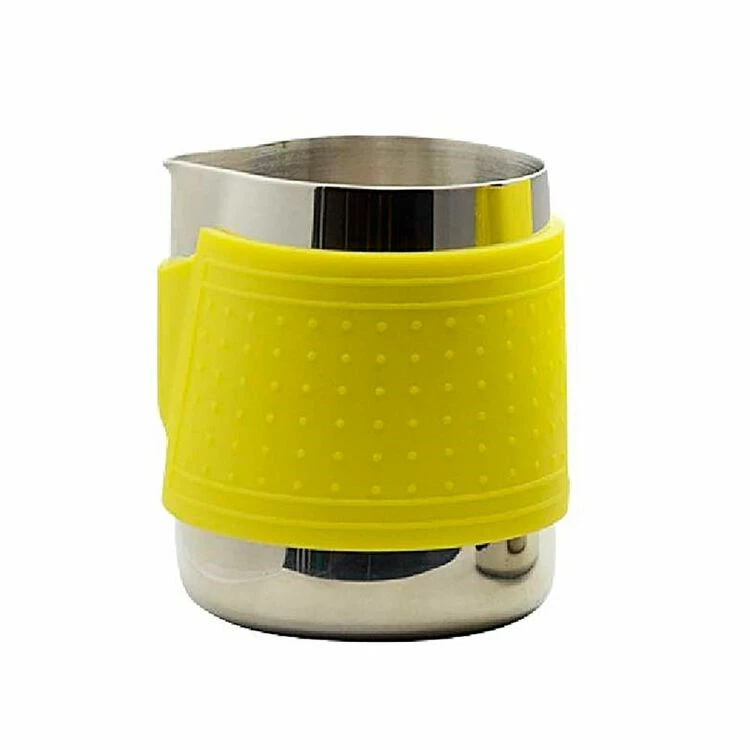 Coffee Culture Stainless Steel Milk Frothing Jug With Yellow Silicone Sleeve 350mL 1 Coffee Culture Stainless Steel Milk Frothing Jug With Yellow Silicone Sleeve 350mL