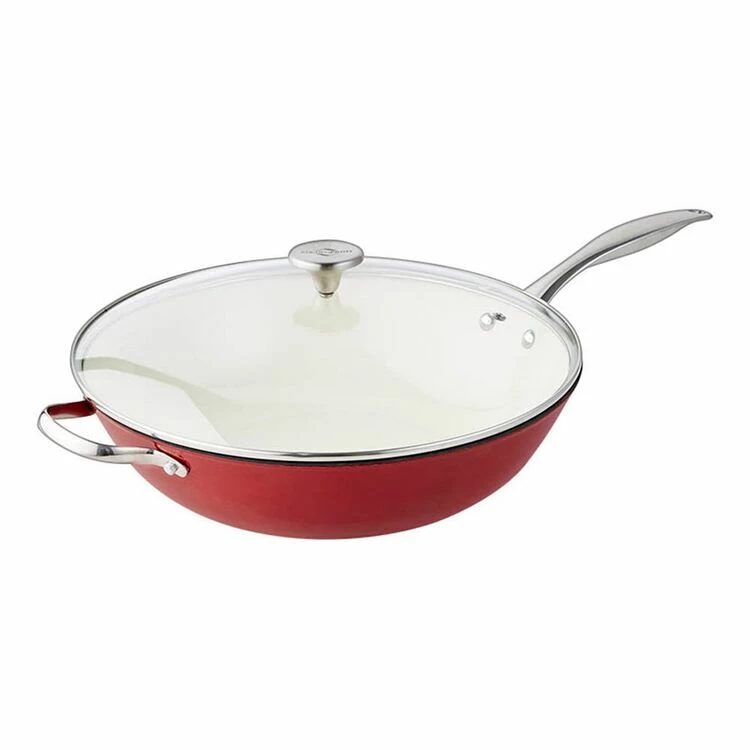 Smith & Nobel Lightweight Cast Iron Wok 34cm Red 2 Smith & Nobel Lightweight Cast Iron Wok 34cm Red - Image 2