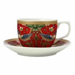 Casa Domani William Morris Cup & Saucer 240mL Strawberry Thief Red Gift Boxed